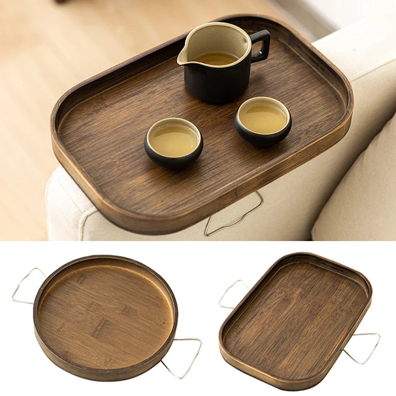 Top view of square and round bamboo armrest trays, one holding tea set, both showing metal brackets