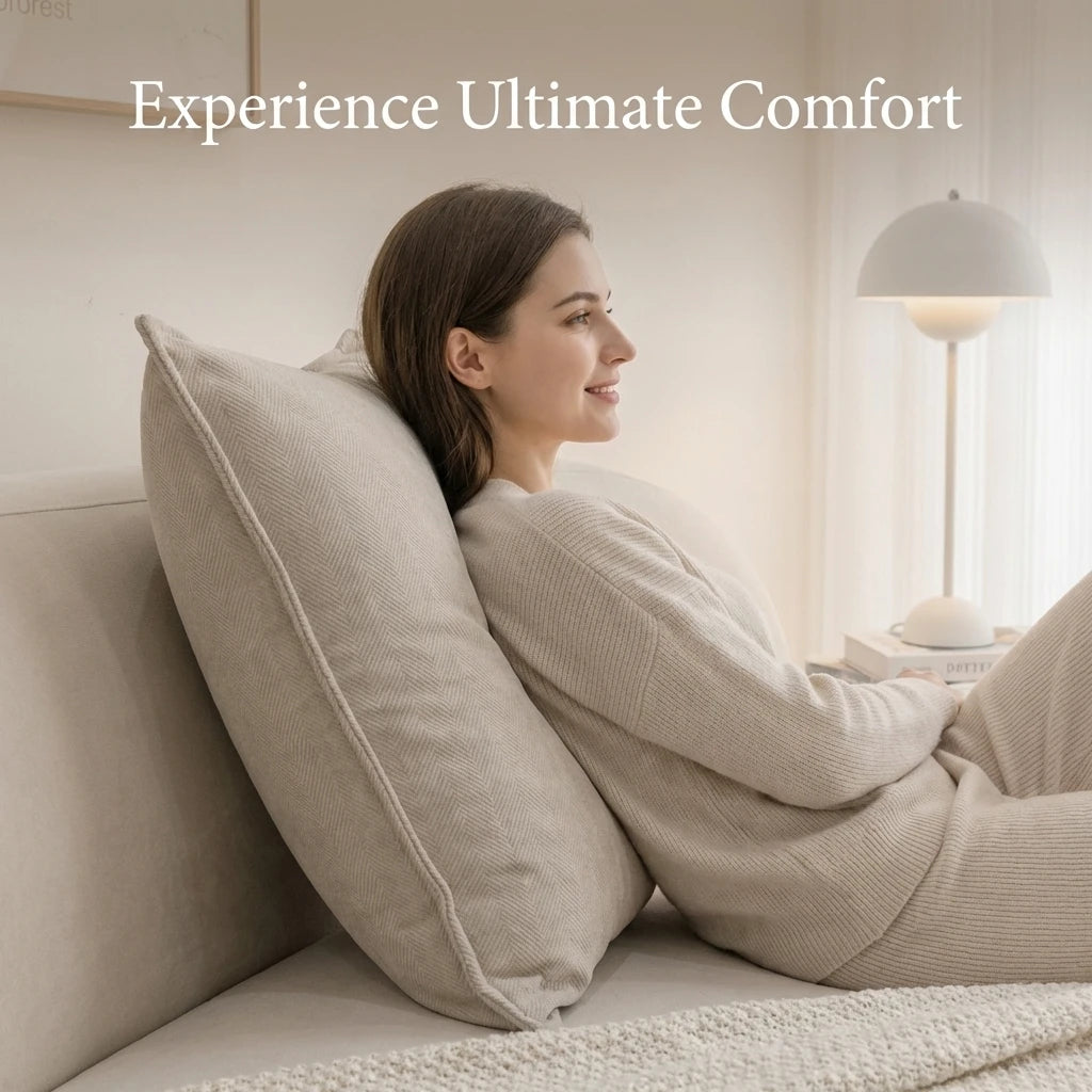 Woman lounging against a herringbone pillow cover on a light sofa