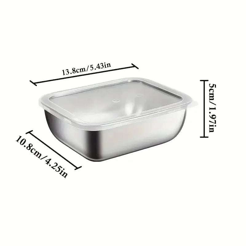 single stainless steel food container with clear lid, shown with dimensions in centimeters and inches