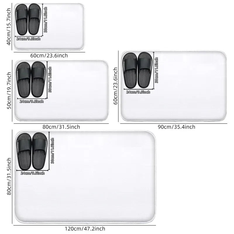 Bath mat size chart showing multiple rectangular options with slippers for scale