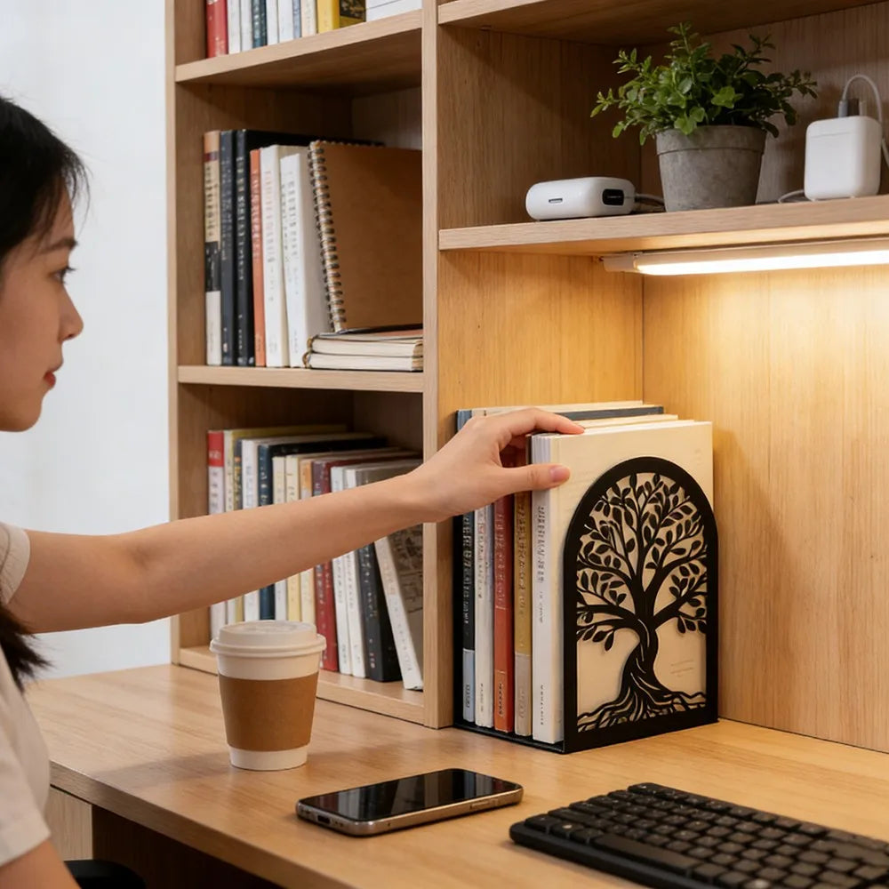 Person placing a book next to a Tree of Life bookend on a wooden desk with a cozy reading setup