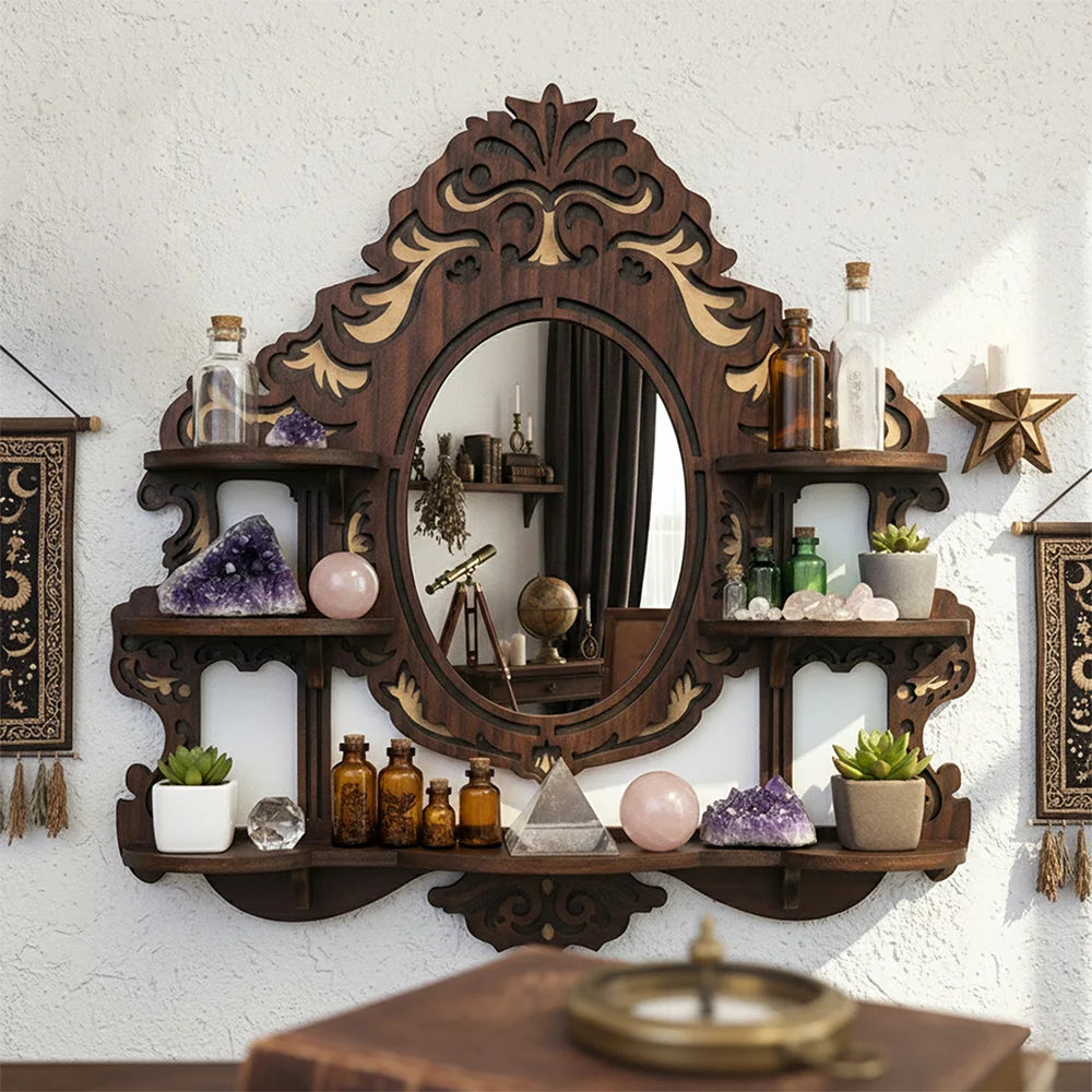 Ornate gothic wooden wall shelf with mirror holding crystals, bottles, and plants in living room