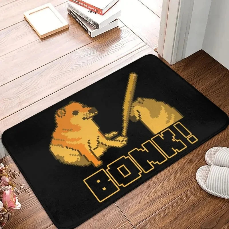 Cheems dog cartoon doormat on wooden floor at entryway