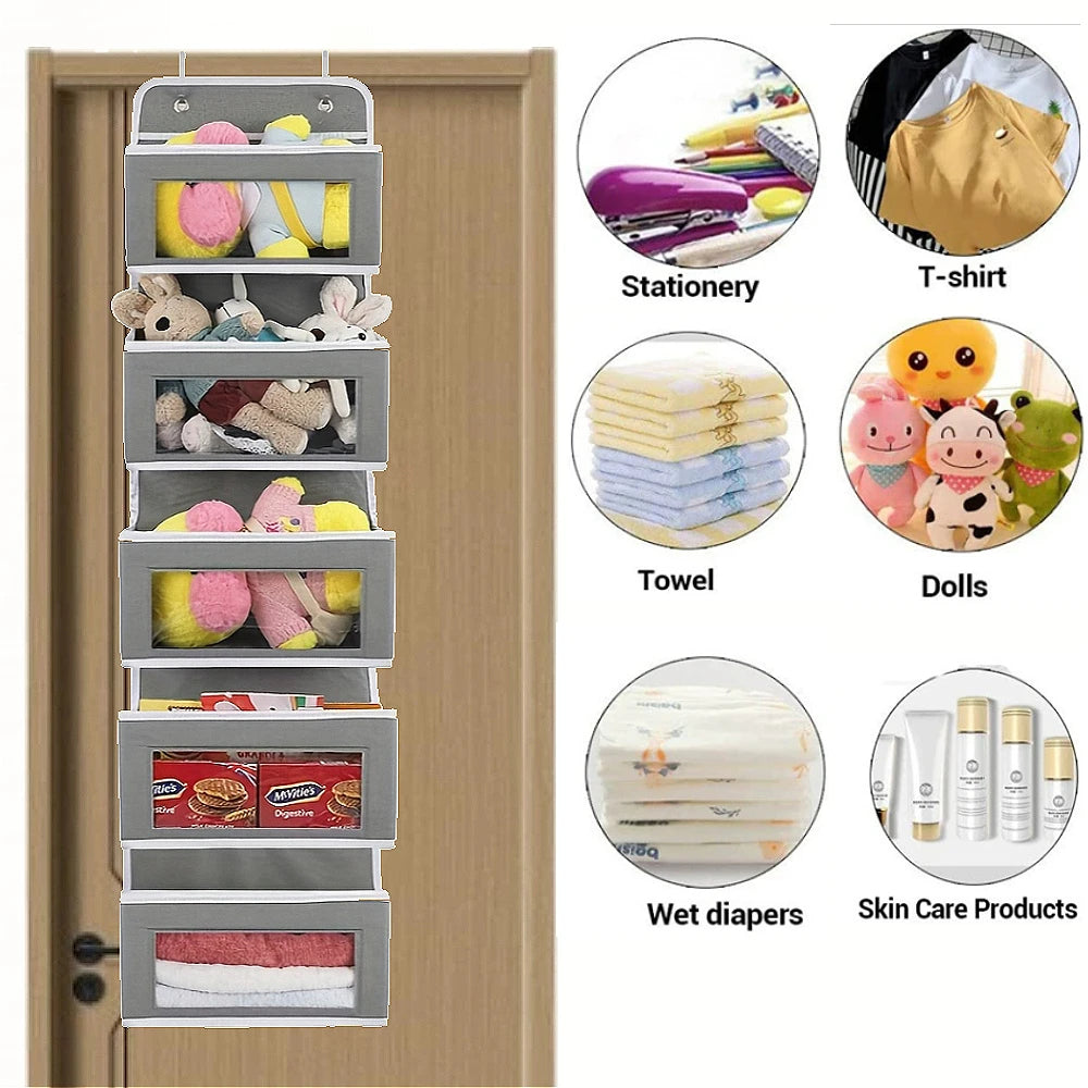 gray hanging organizer filled with plush toys and essentials, circular insets showing possible items like stationery and skincare