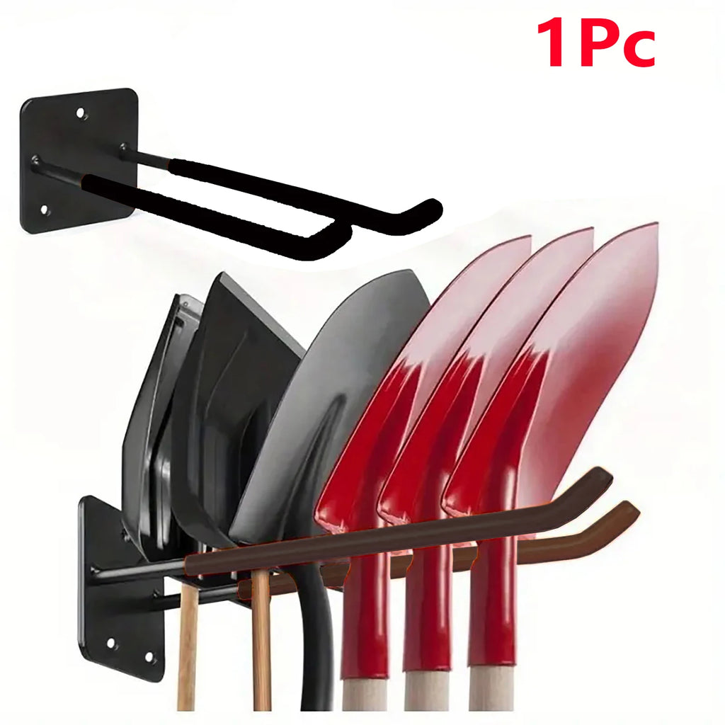 Wall-mounted garage hook holding shovels and rakes