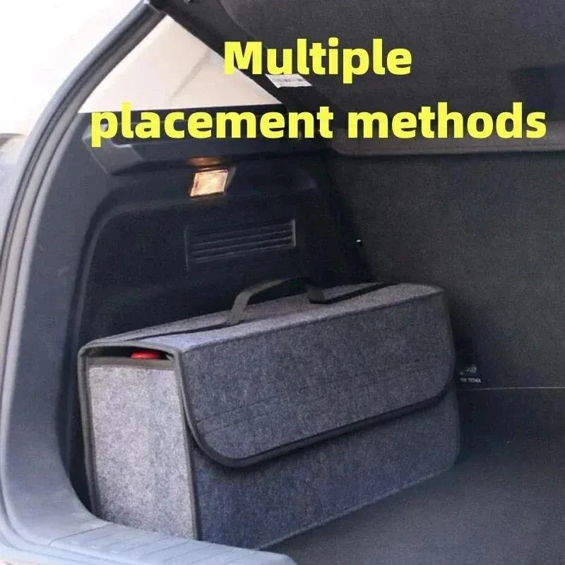 Felt trunk storage box placed in a car boot with text highlighting placement methods
