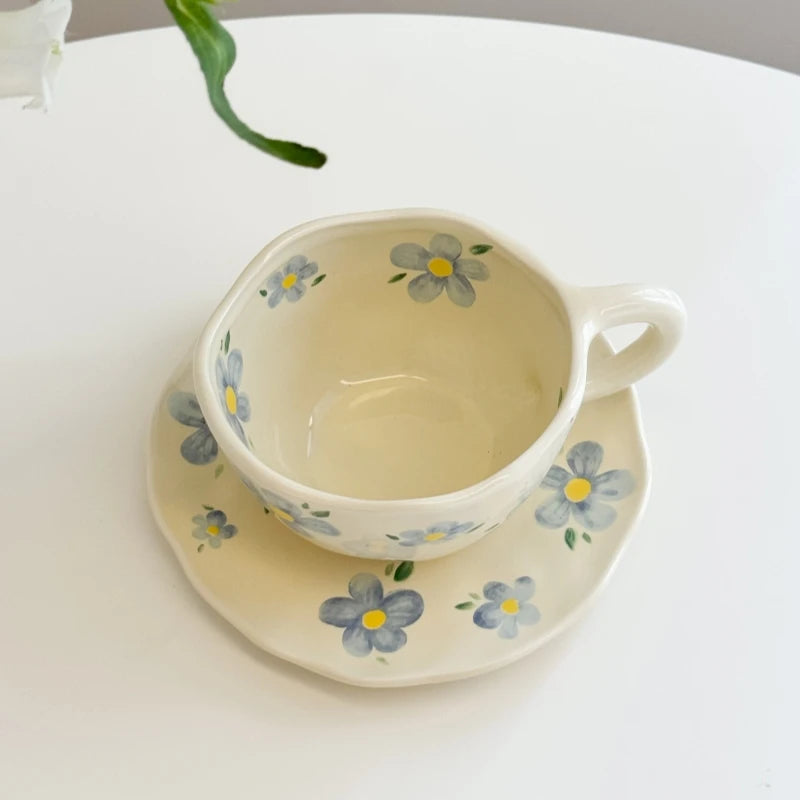 Blue daisy hand-painted ceramic plate with matching cup