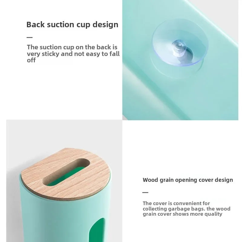 Wall-Mounted White Plastic Bag Organizer Dispenser with Wood Grain Top for Kitchen, Bathroom, or Entryway