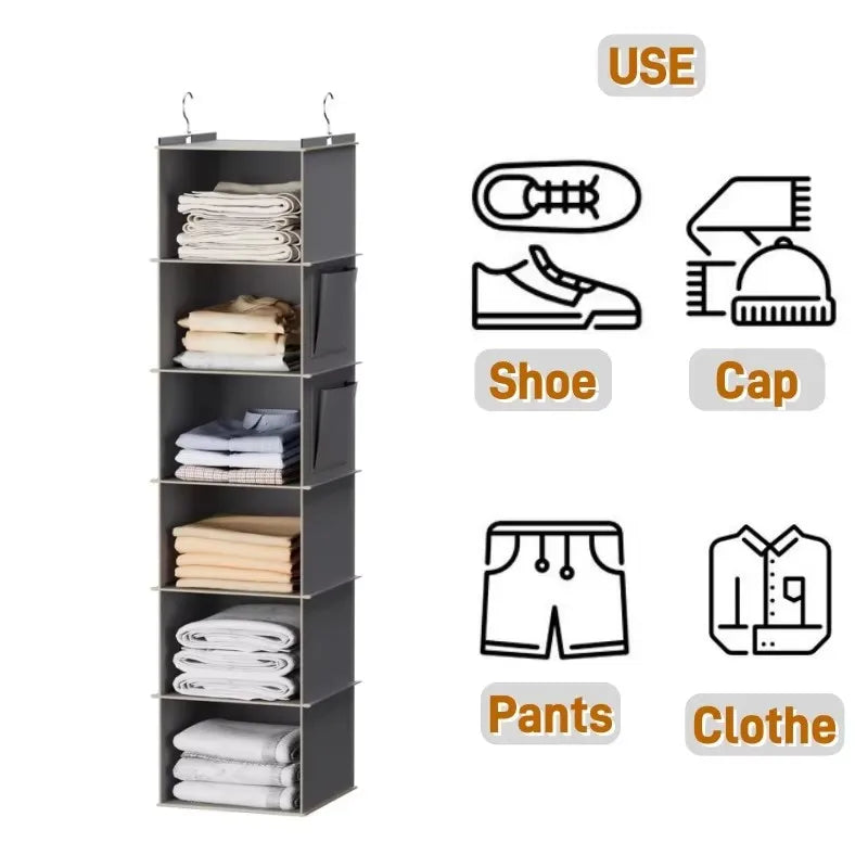 Foldable 6-shelf hanging closet organizer in light grey with visual guide for storing shoes, hats, pants, and clothes