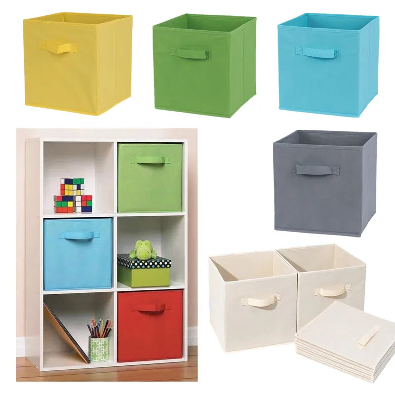Assorted foldable fabric cube storage bins in multiple colors arranged on cube shelves and shown flat and opened