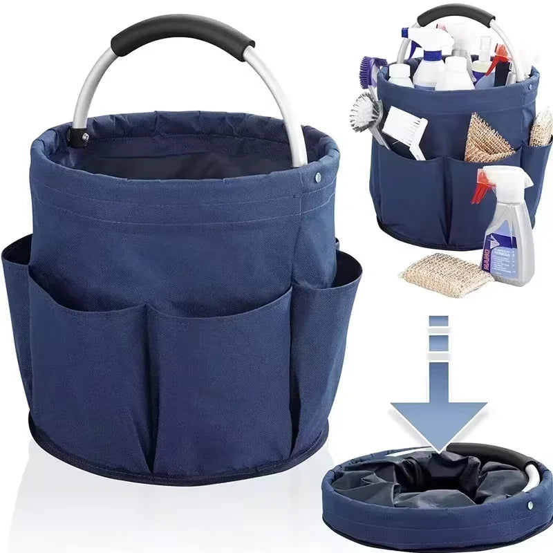 Foldable cleaning caddy in blue with handle, exterior pockets, shown open with cleaning supplies and folded flat