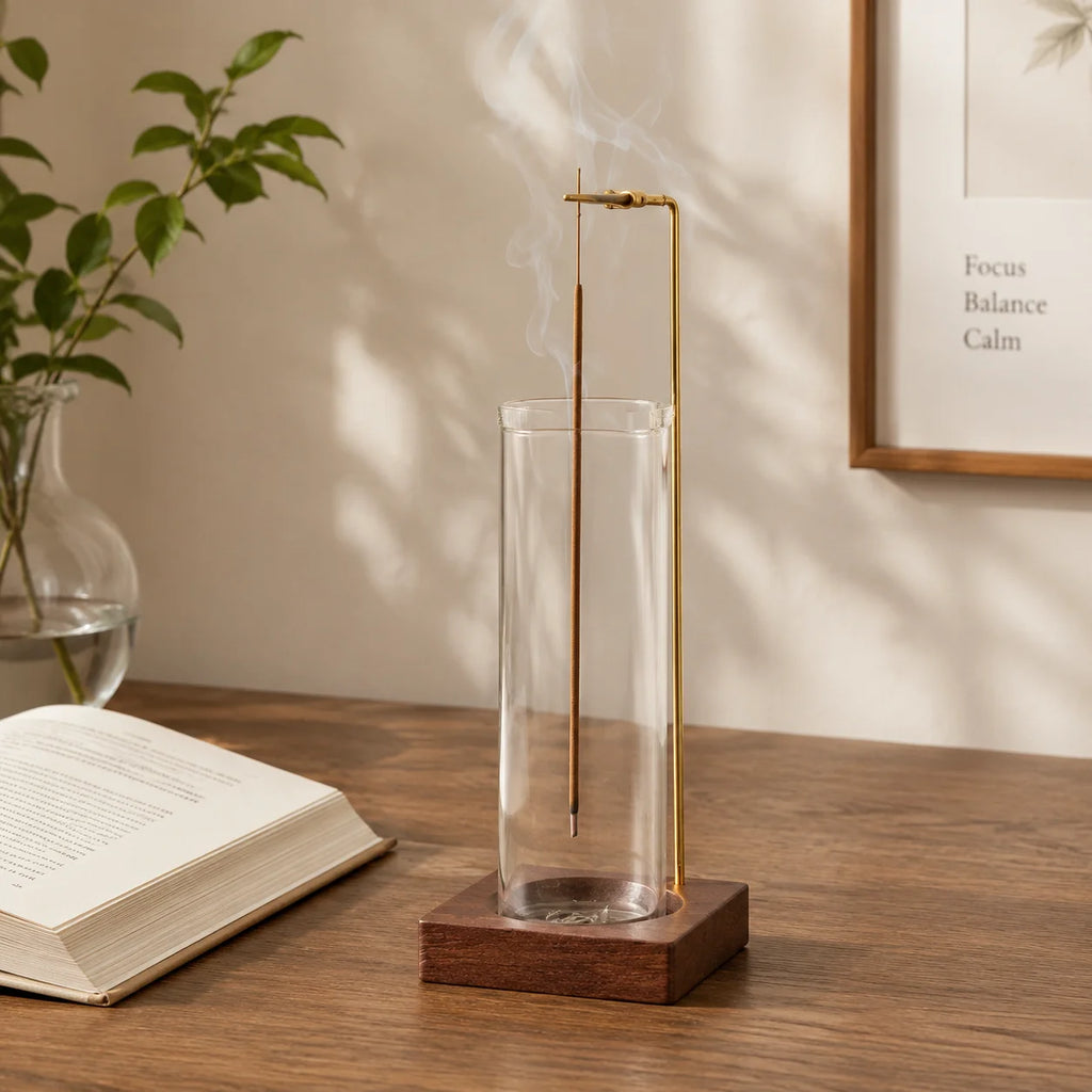 Glass and wood incense holder on desk with book, incense burning for a cozy reading corner