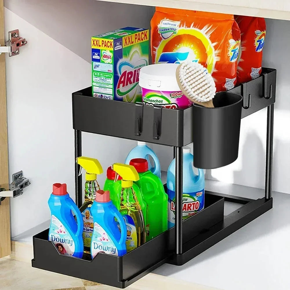 2-Tier Sliding Under Sink Organizer with Hooks for Kitchen & Bathroom