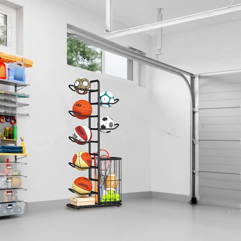 Freestanding ball storage rack organizing assorted sports equipment in a clean garage