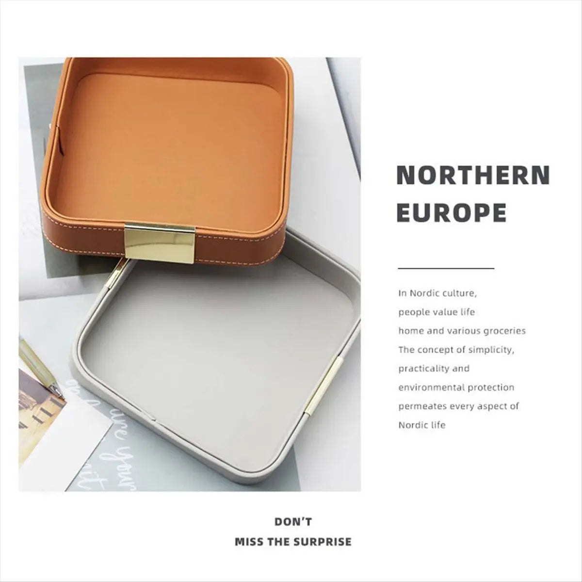 Tan and grey PU leather trays with gold accent shown stacked, next to printed text
