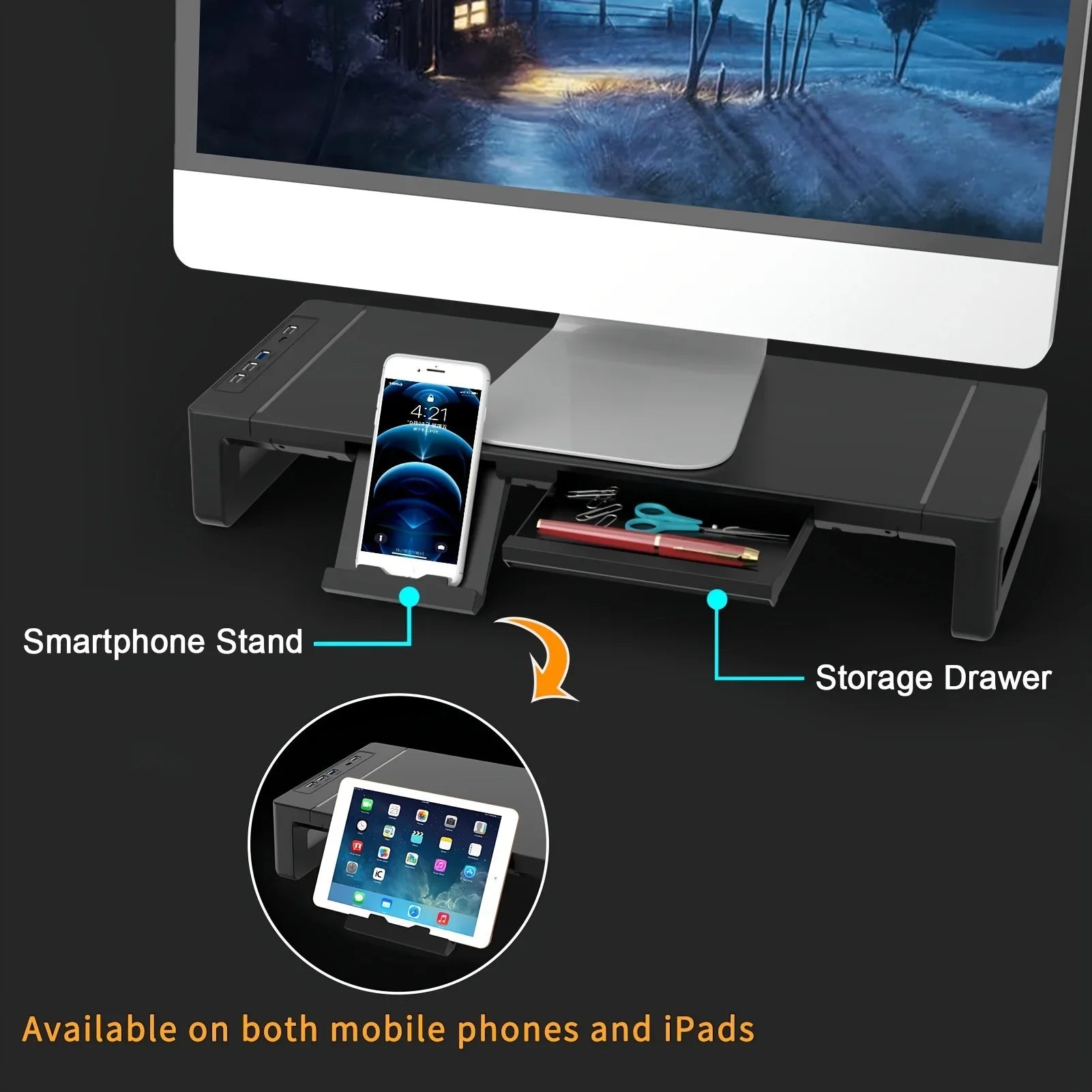Height Adjustable Monitor Stand with Storage Drawer