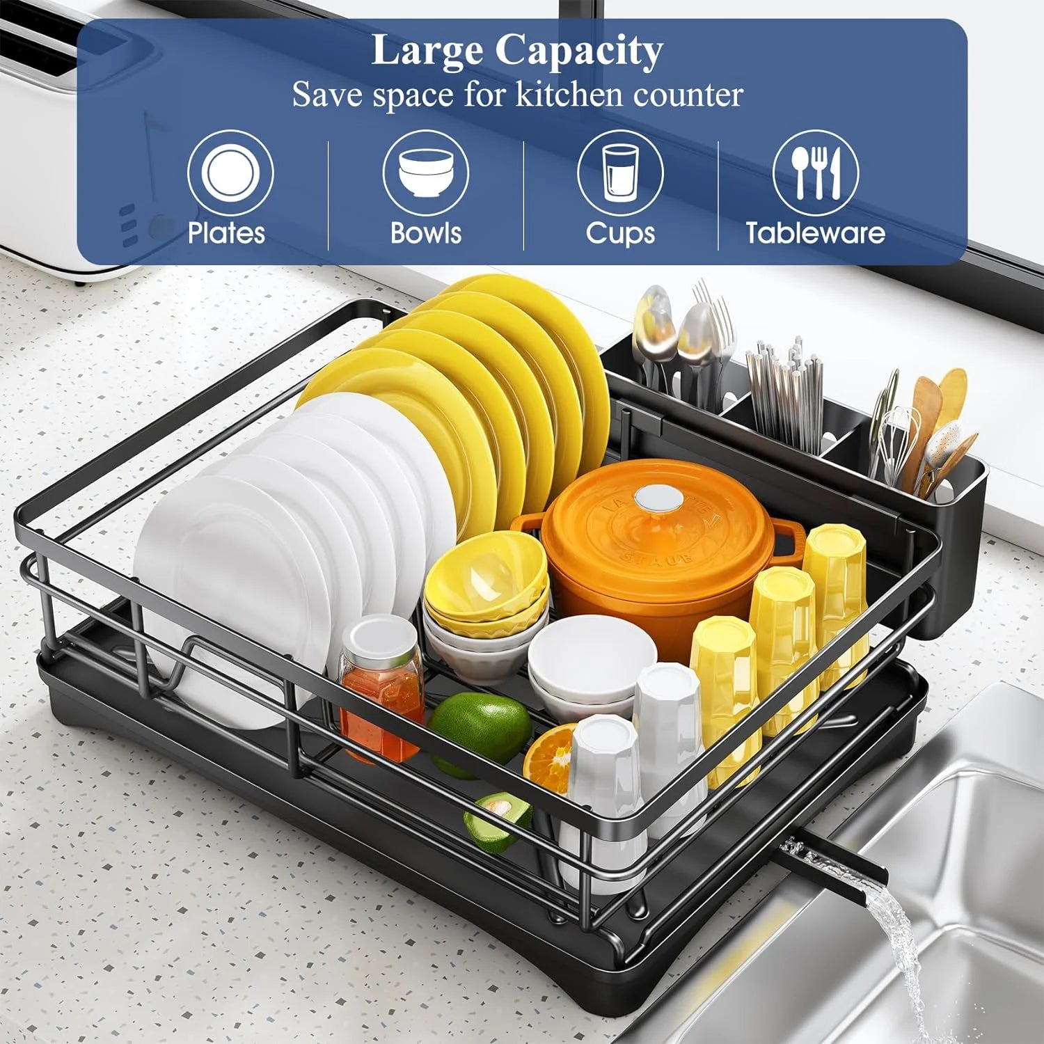 large capacity steel dish drying rack showing dishes, bowls, cups, and utensils organized on the kitchen counter