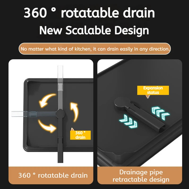 Close-up view of black dish rack drainboard showing 360-degree rotatable drain and retractable pipe features for kitchen sink use