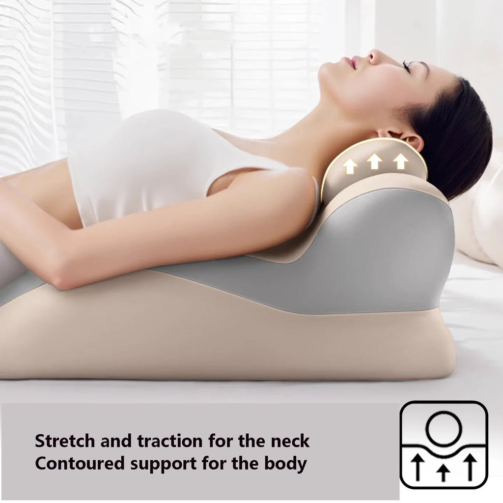 Person reclining on ergonomic wedge pillow, neck supported in a relaxed position