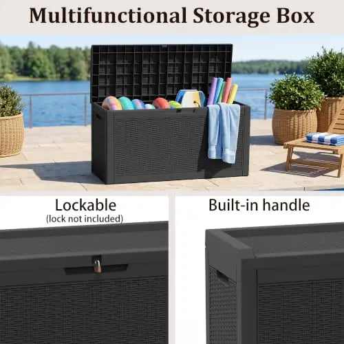 80-Gallon Black Resin Rattan Deck Storage Box with Lockable Lid for Patio, Garden & Backyard Organization