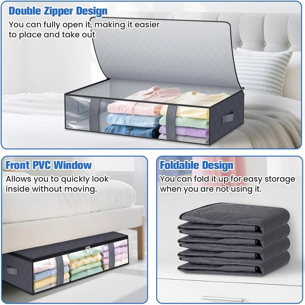 Open grey under bed storage bin with clear window, shown in use and folded flat, alongside a bed; product feature labels present.