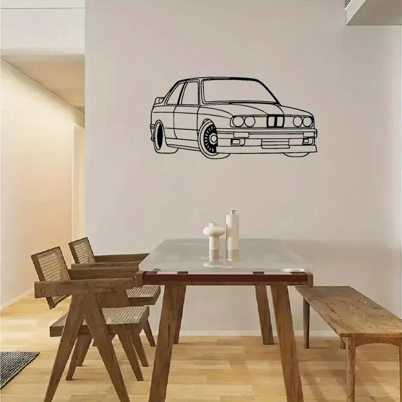 vintage car metal wall art displayed above dining table in modern home
