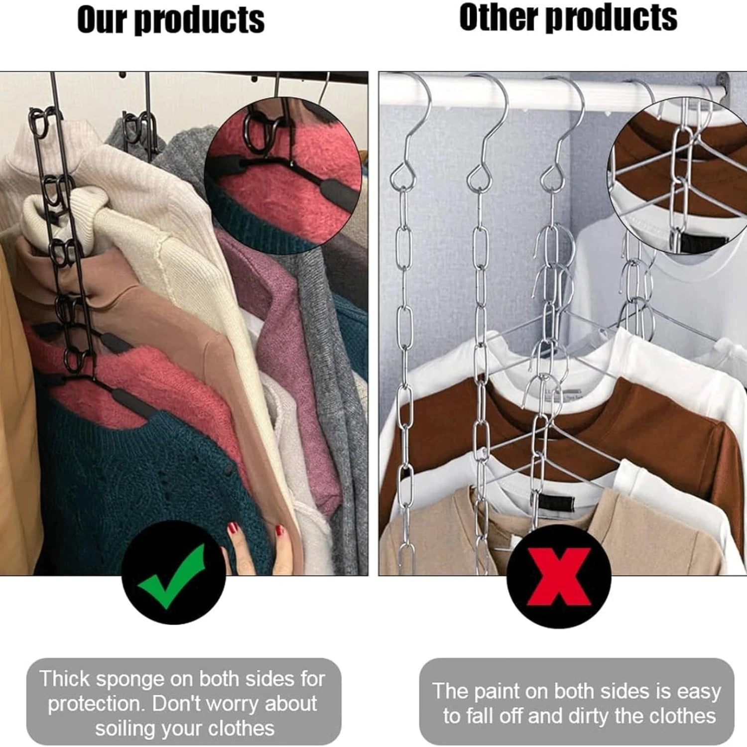 Comparison of multi-tier black closet hanger with another chain-style product, highlighting sponge protection