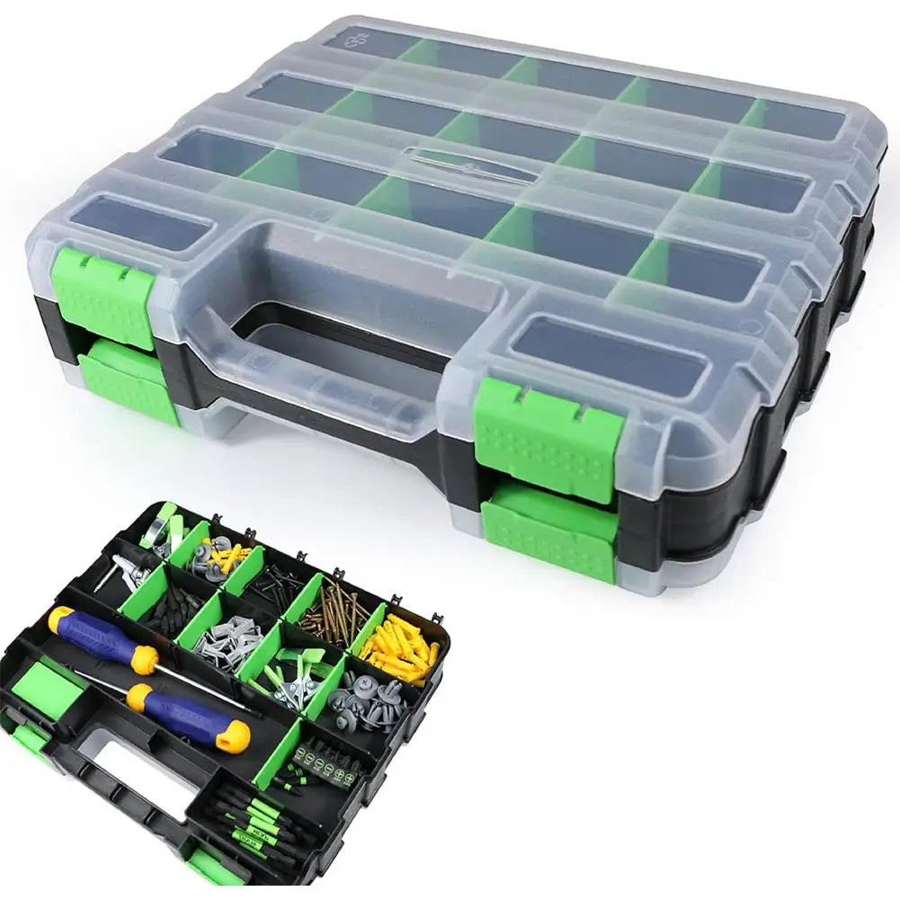 Double-sided hardware organizer box with green latches, open showing compartments filled with tools and small hardware