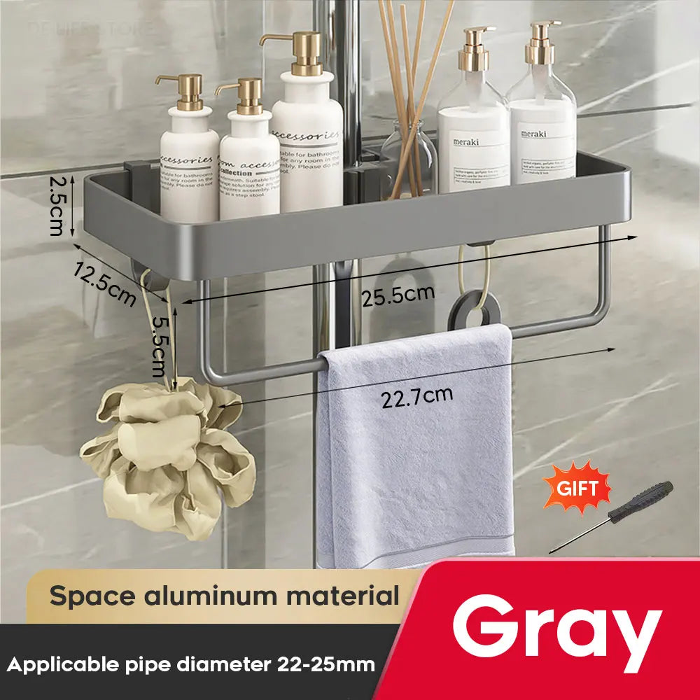 Adjustable Aluminum Shower Caddy with Towel Bar for Round Shower Poles