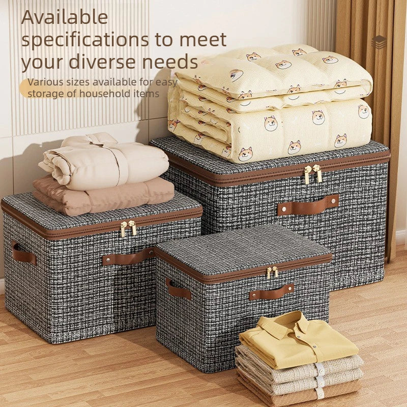 Set of four lidded fabric storage bins in different sizes holding folded bedding and clothes