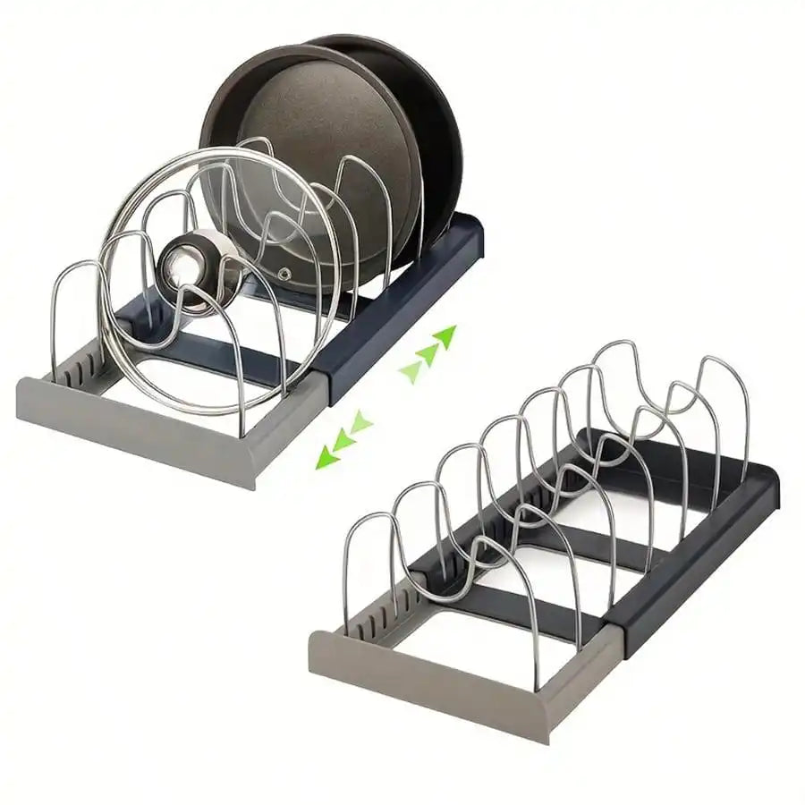 Expandable pan and lid organizer rack shown extended and compressed with cookware