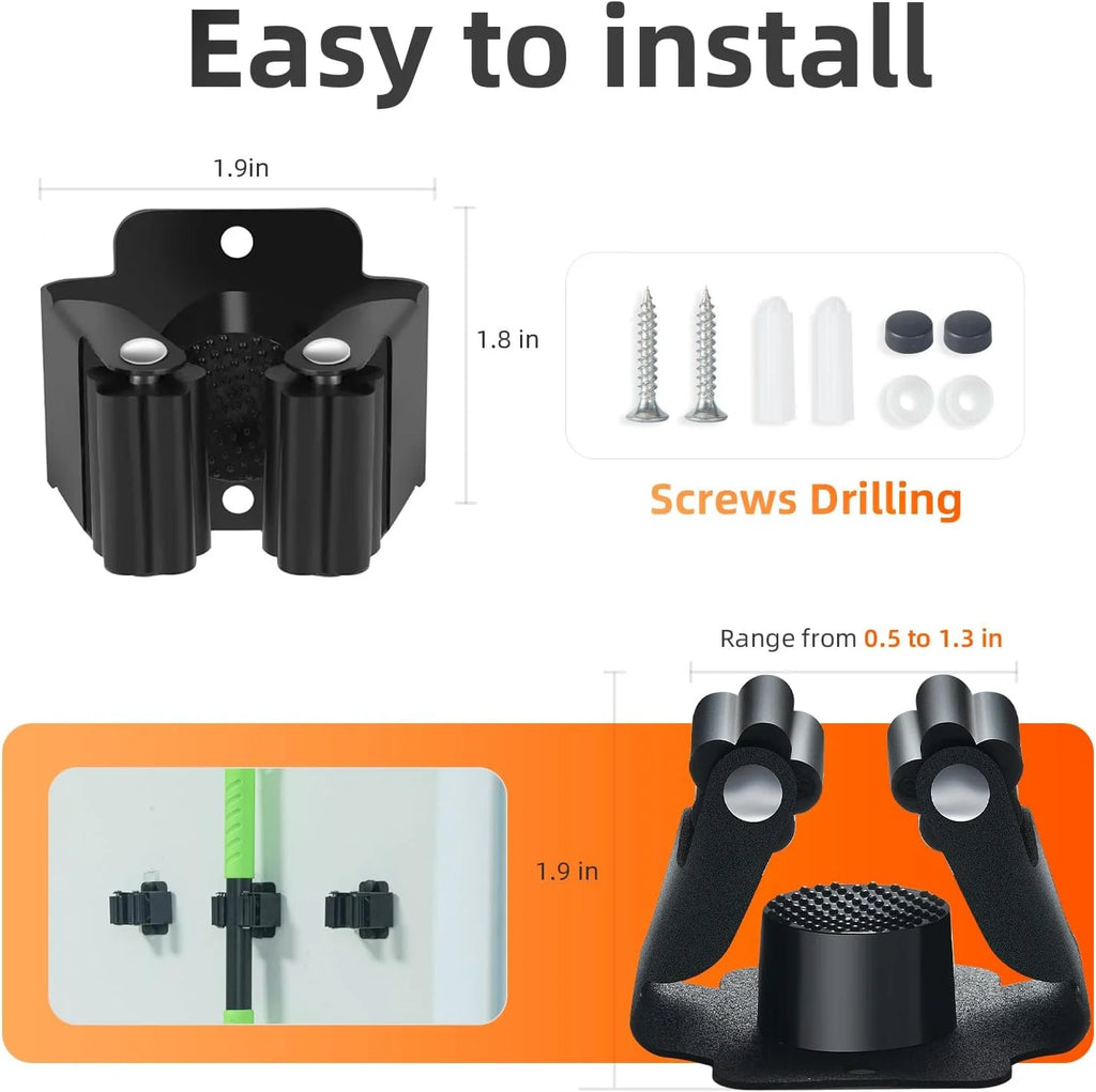 Diagram showing dimensions and installation hardware for black wall-mounted broom holder