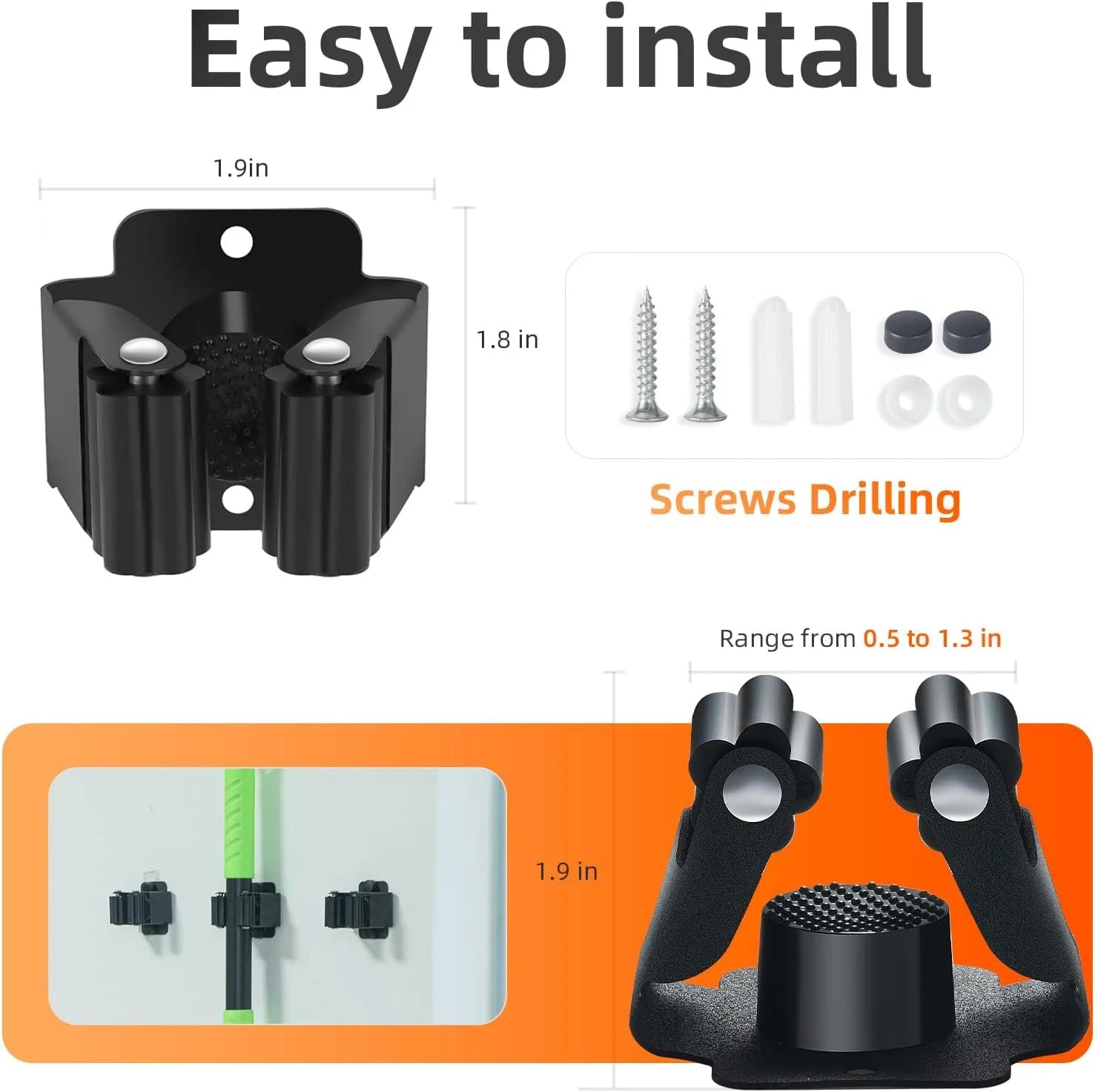 Diagram showing dimensions and installation hardware for black wall-mounted broom holder