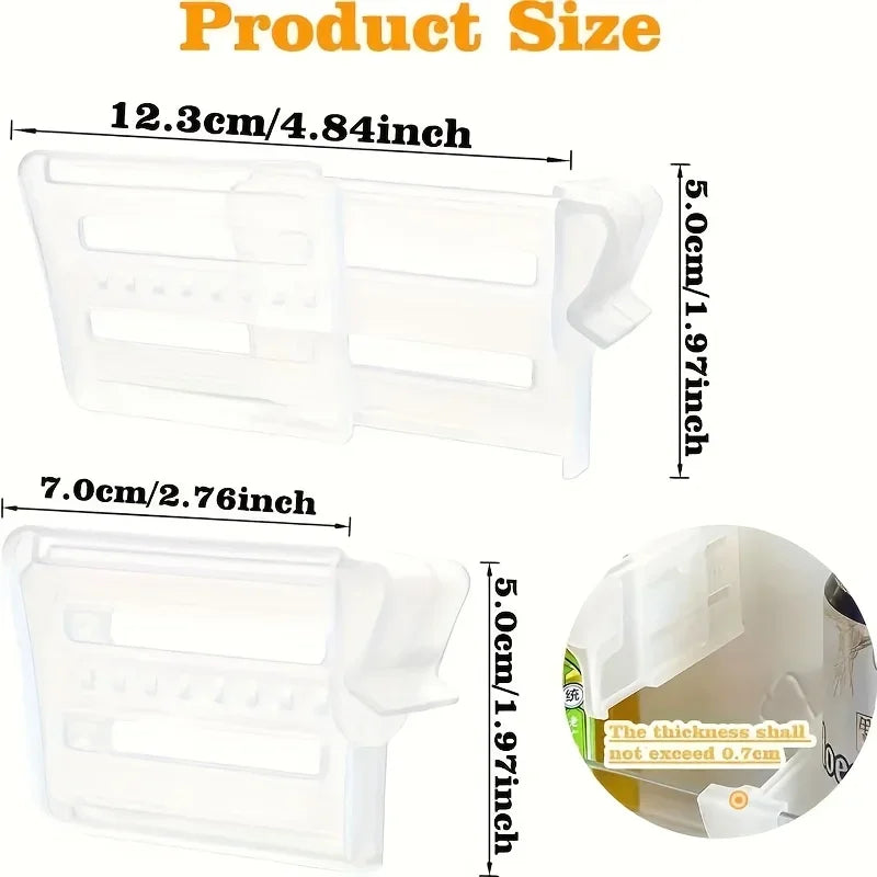 Clear plastic fridge divider with measurements 12.3 x 7 x 5 cm, showing fit for glass shelf up to 0.7 cm thick