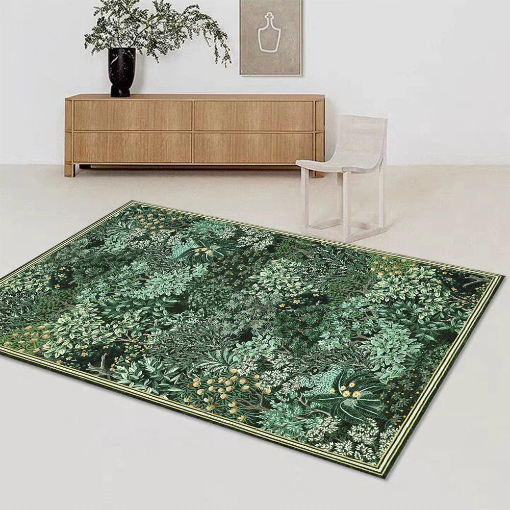 Rectangular botanical area rug in dark green with nature-inspired pattern in a modern living room