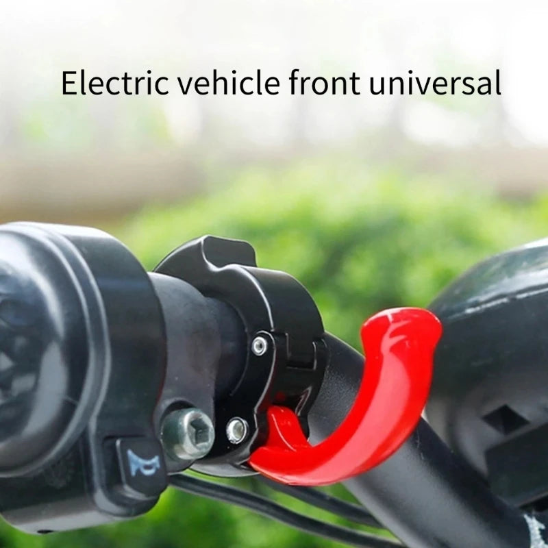 Red handlebar hook shown on bike with text 'Electric vehicle front universal'