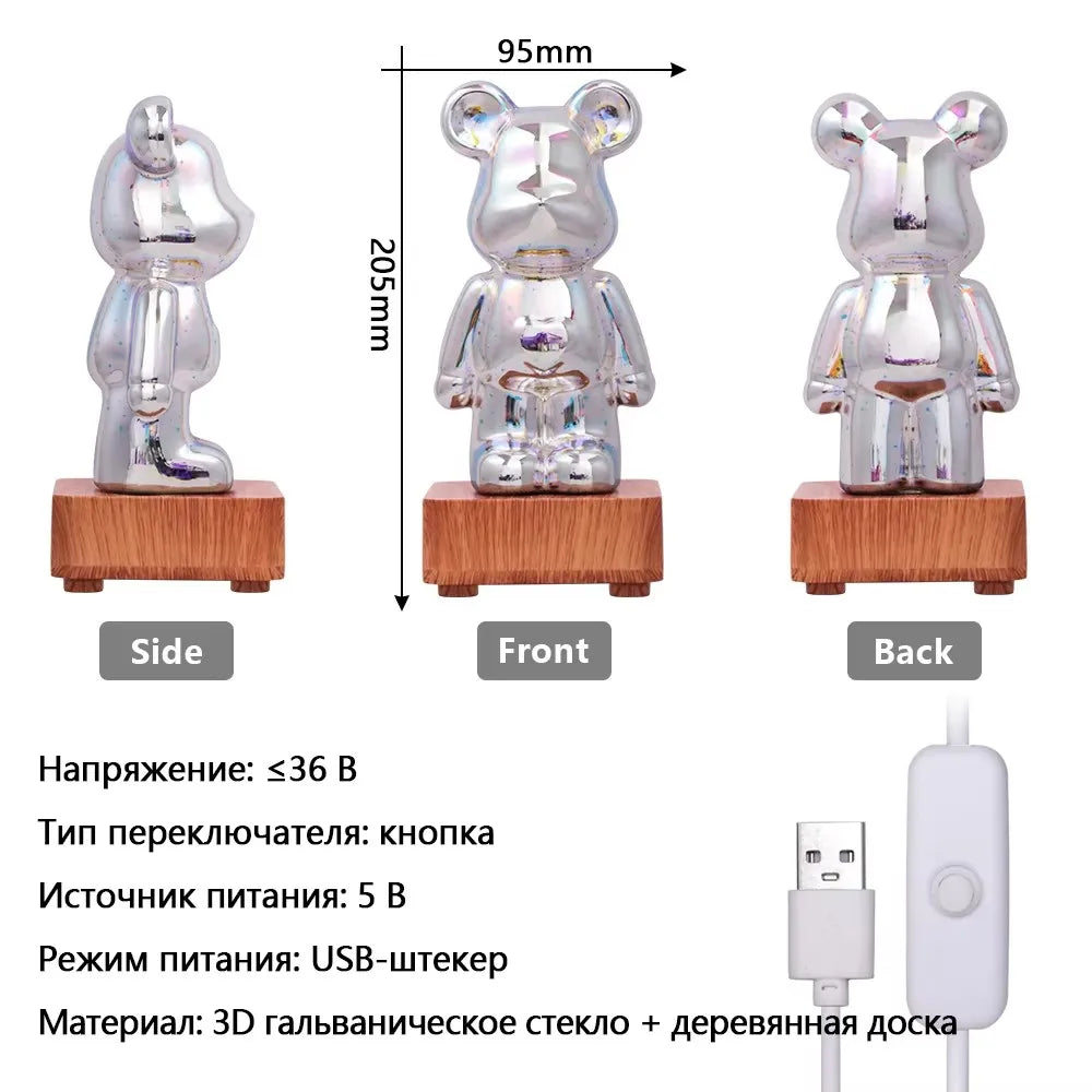 Side, front, and back views of the glass bear night light on a wood-look base, with size dimensions