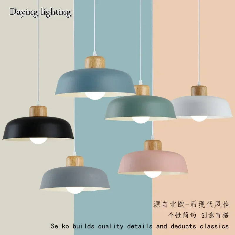 Nordic-style dome pendant lights in assorted pastel colors with wood accent