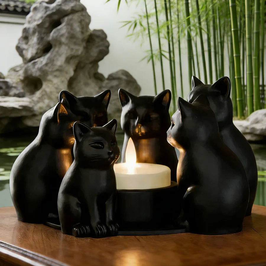 Sculpted black cats candle holder on a table with a garden scene in the background
