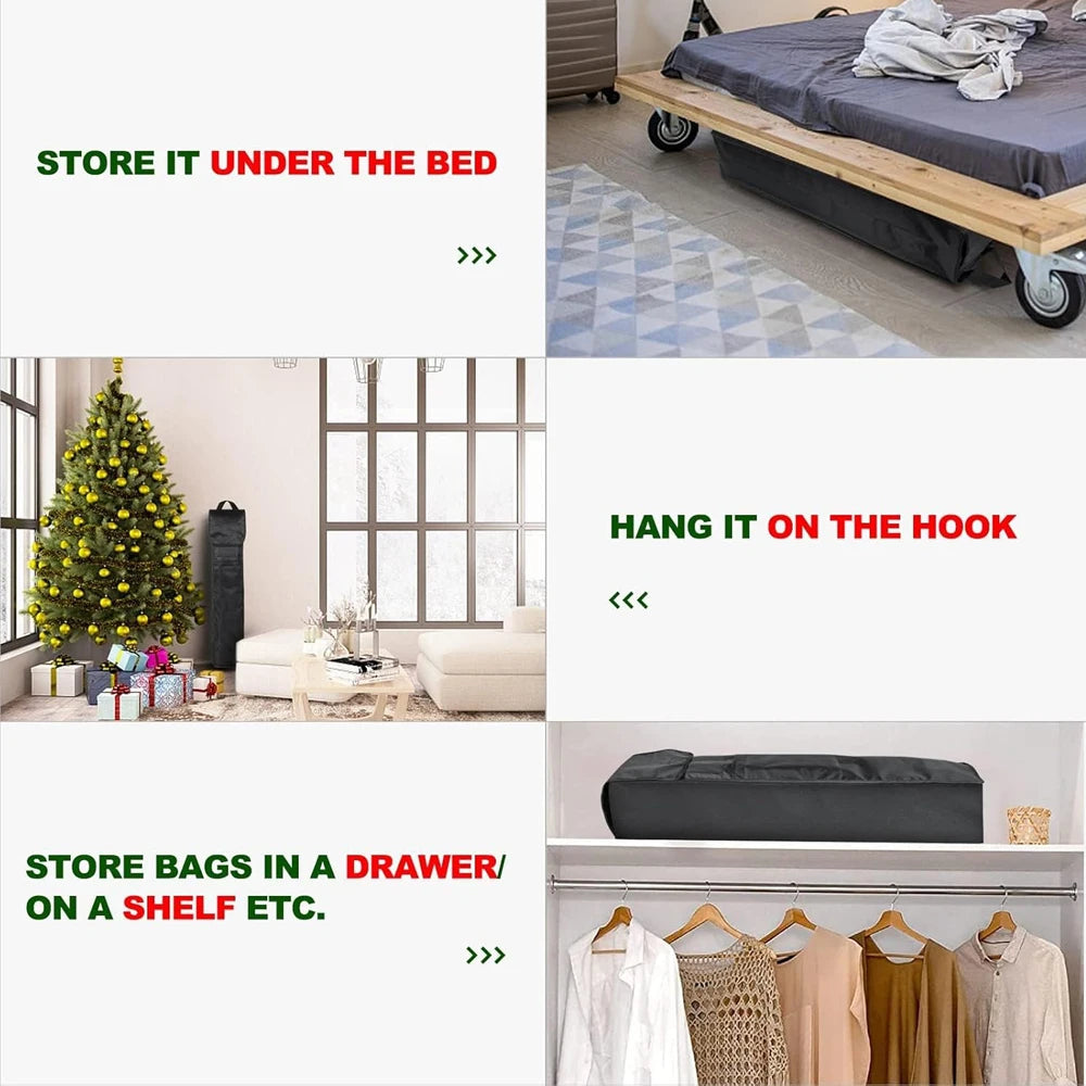 Storage bag shown under a bed, hung beside a Christmas tree, on a closet shelf, and in a drawer for versatile placement