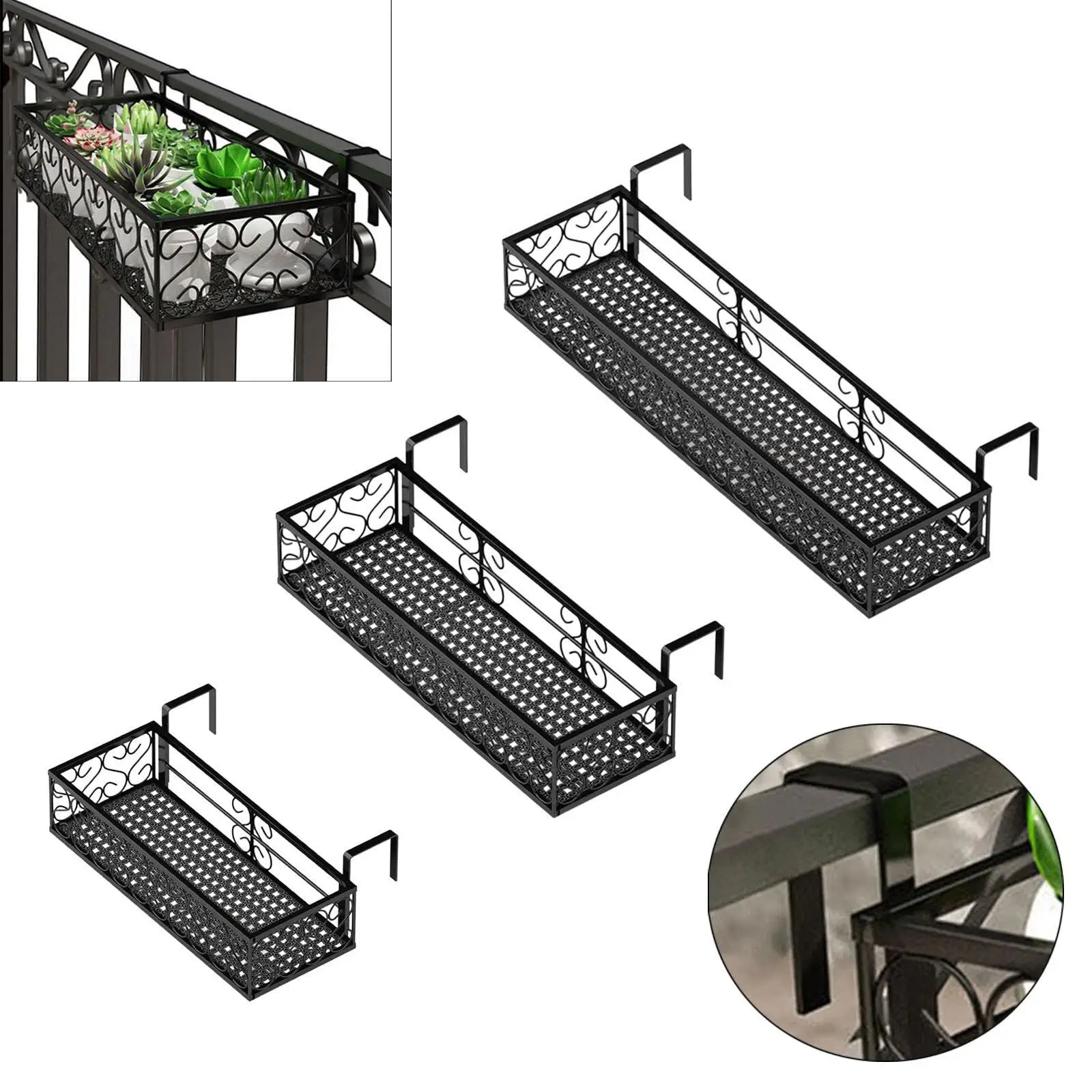 iron hanging balcony planter shelves shown on railings with and without plants