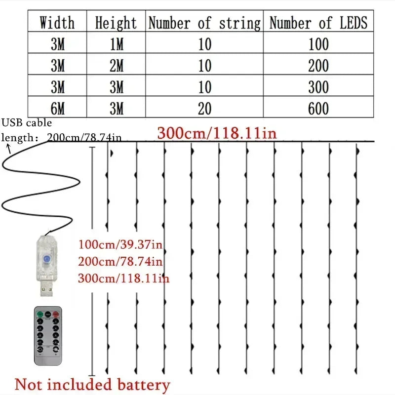 Size guide and installation diagram for USB curtain fairy string lights