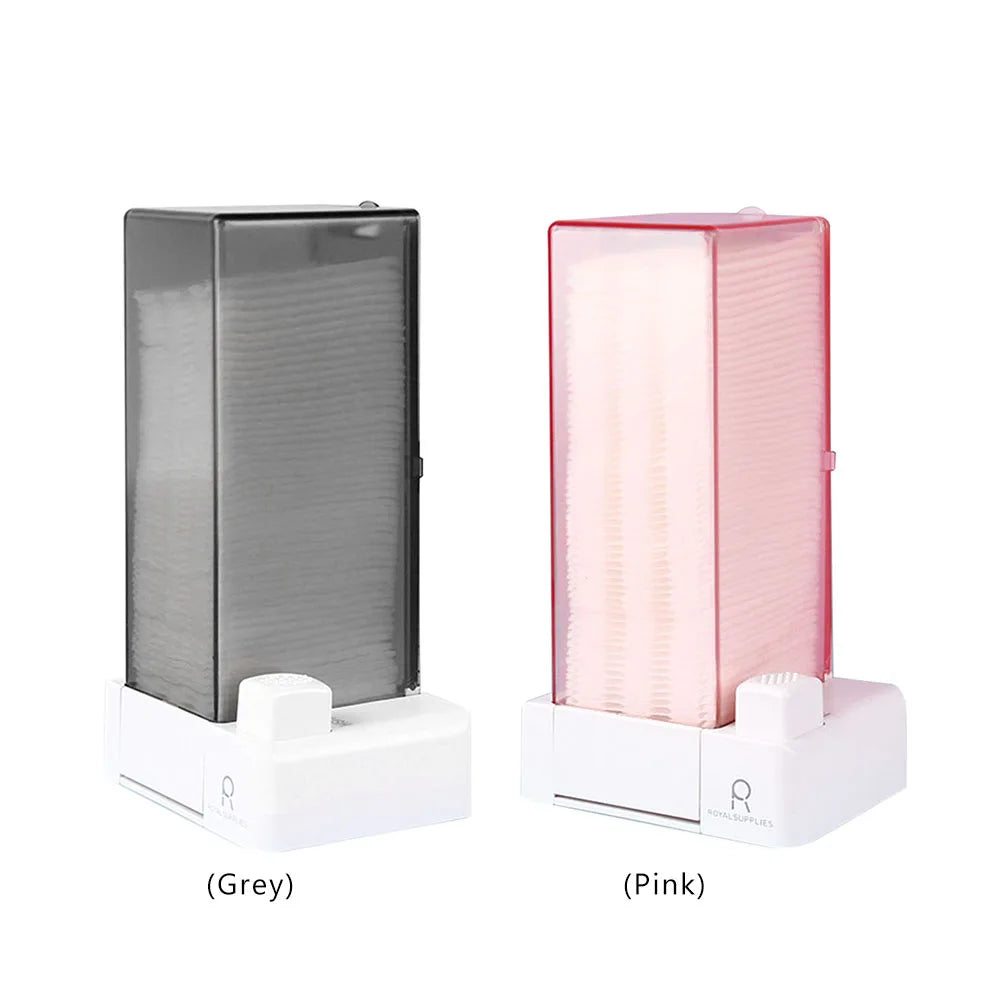 Automatic cotton pad dispensers in grey and pink showing labeled color options