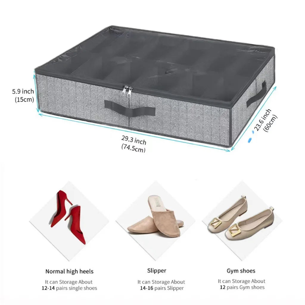 Under bed shoe organizer with measurements and capacity for different shoe types