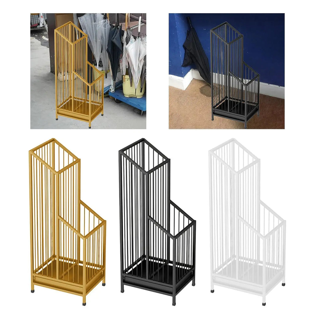 entryway and office settings featuring iron umbrella stands in three colors