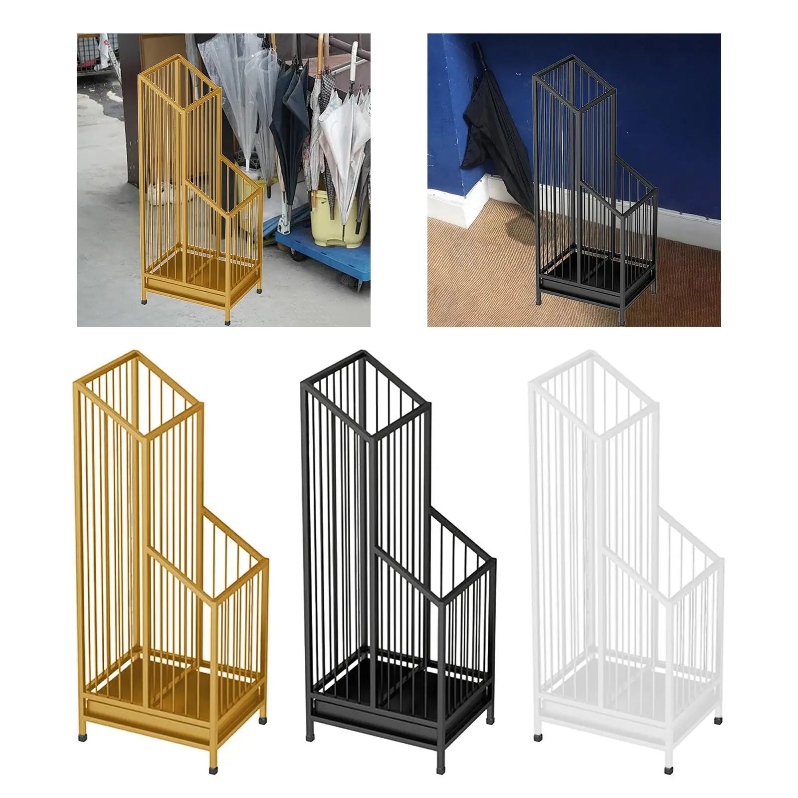 entryway and office settings featuring iron umbrella stands in three colors