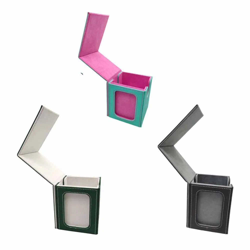 Card deck storage boxes with magnetic lids in green, black, and teal pink color options