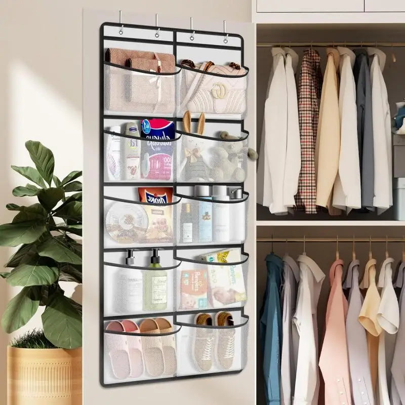 10-pocket over-the-door organizer in a closet setup, storing purses, toiletries, shoes, and pantry goods