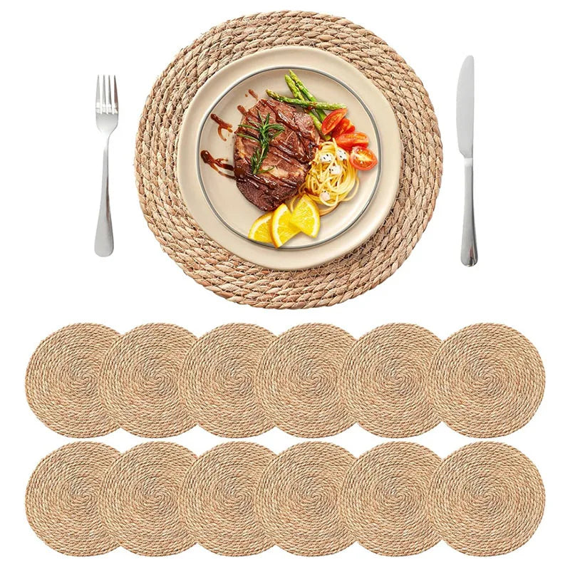 Round woven water hyacinth placemats on dining table with plate and cutlery