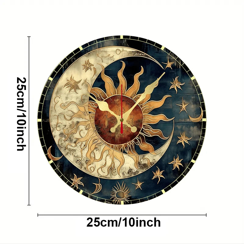 10 inch round wooden wall clock with celestial sun and moon design and size shown